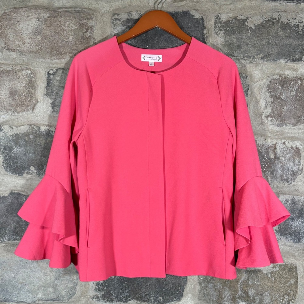 Nanette Lepore Hot Pink Ruffle Bell Sleeve‎ Jacket Blazer Woman's 12 Career